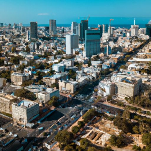 מבט אווירי על הנוף העירוני של תל אביב, המציג את הנוף העירוני השוקק שלה