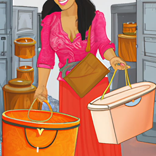 תמונה של אישה בקונה בשמחה תיקים בחנות עודפים