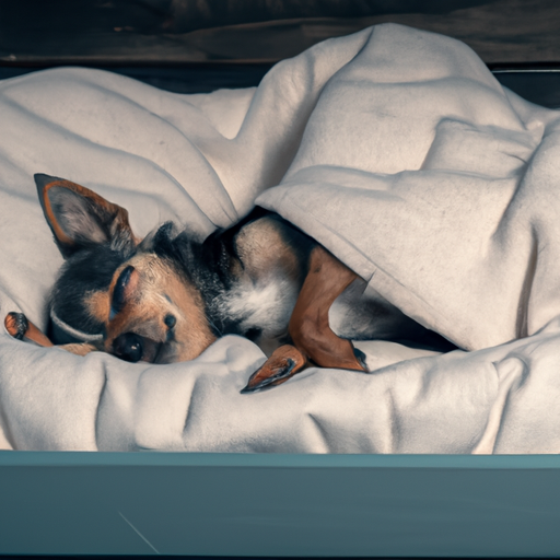 כלב קטן בשינה עמוקה על מיטתו המוגבהת, המתאר את השיפור באיכות השינה.